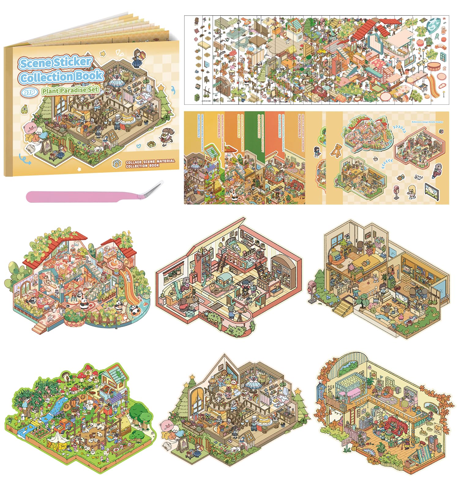 Pindda 3D house scene stickers for decorating notebooks and more.