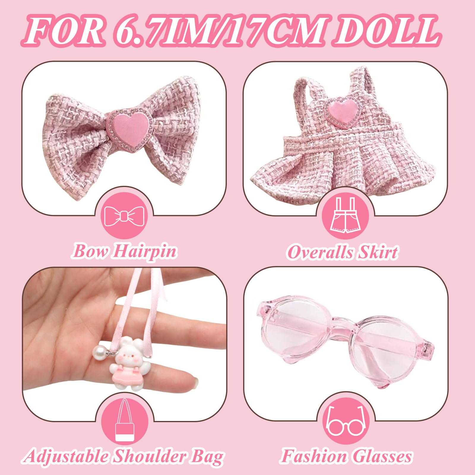 Pink 4-piece doll outfit set floral bow hairpin adds quick, cute styling for 17cm dolls