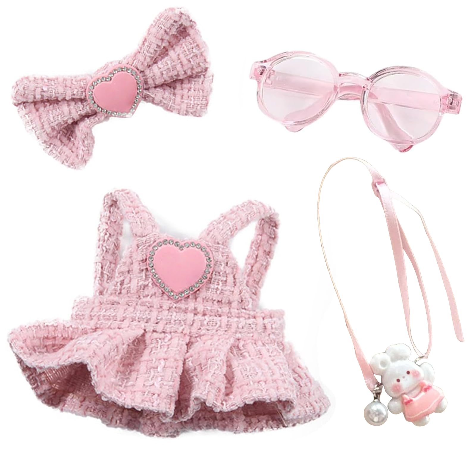 Pink 4-piece doll outfit set heart dress, premium suspender dress for stylish 17cm doll play
