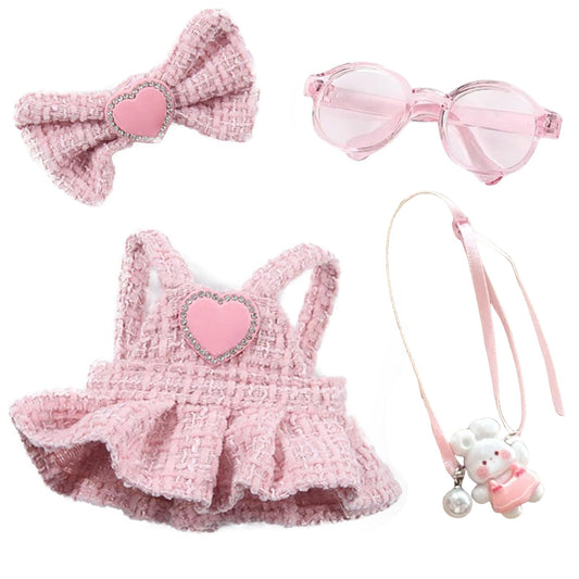 Pink 4-piece doll outfit set heart dress, premium suspender dress for stylish 17cm doll play