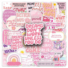 Pink motivational stickers on a water bottle for daily inspiration