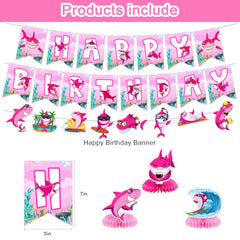 Pink Shark banner creates cohesive themed backdrop for baby girl celebration