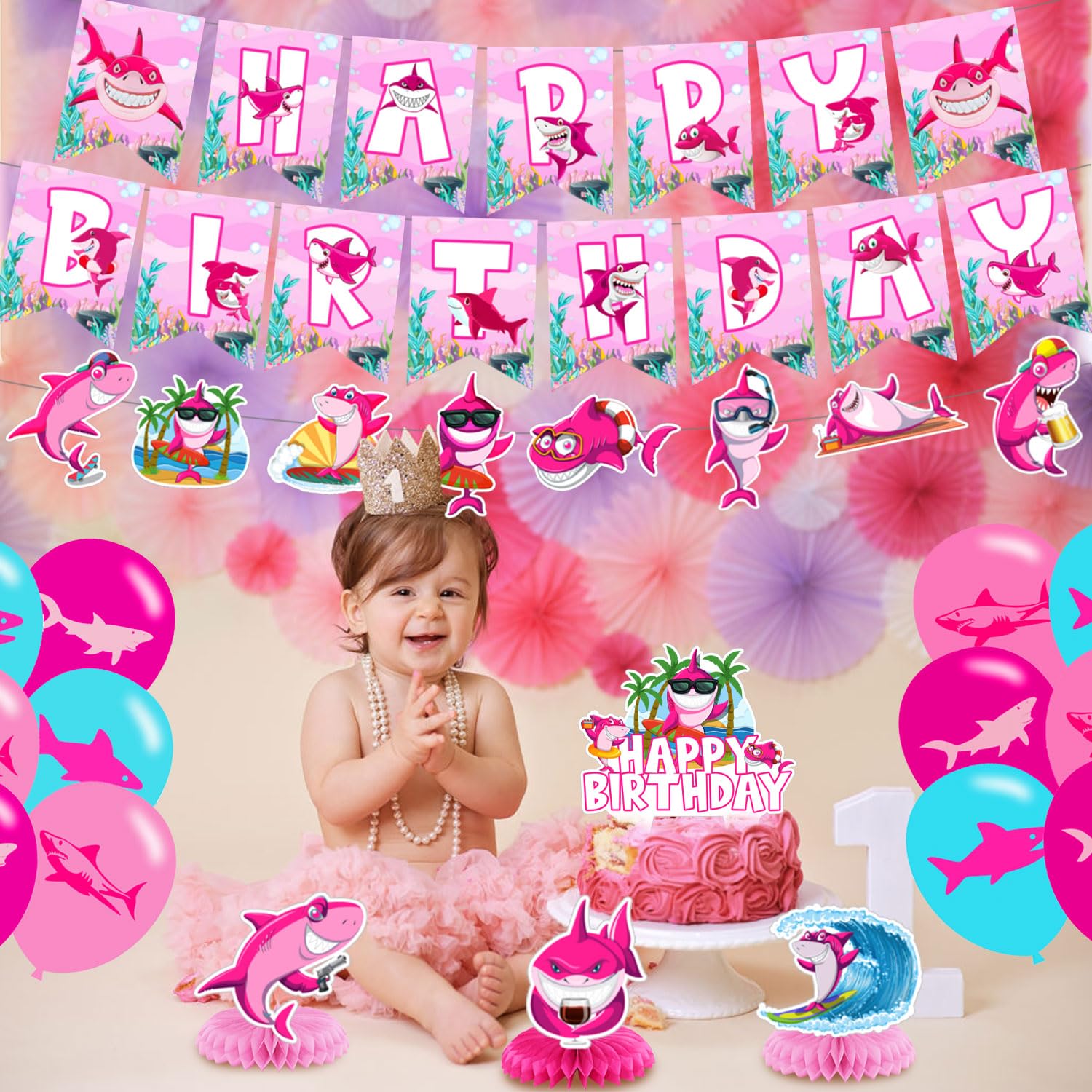 Pink Shark cupcake toppers decorate treats with cute theme accents