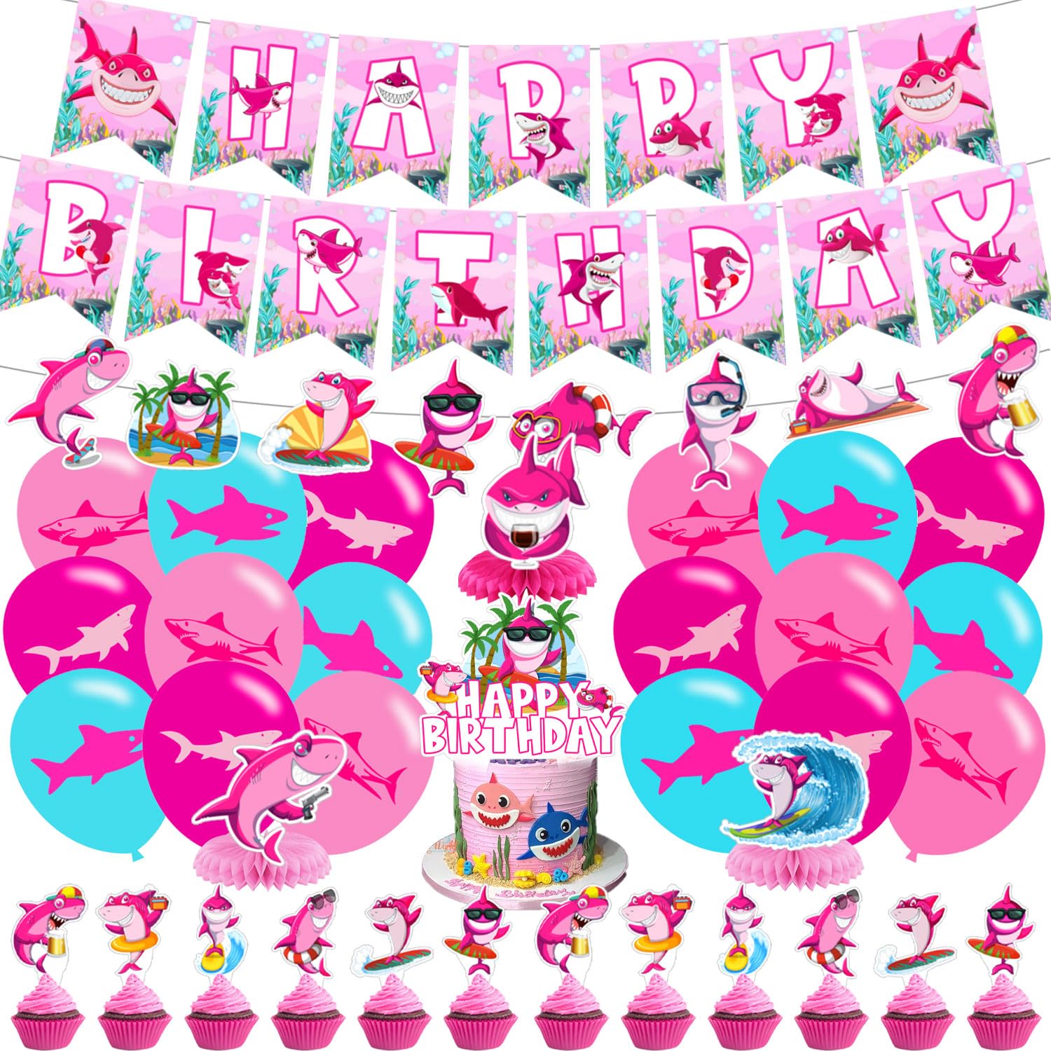 Pink Shark happy birthday banner brightens walls for festive party photos