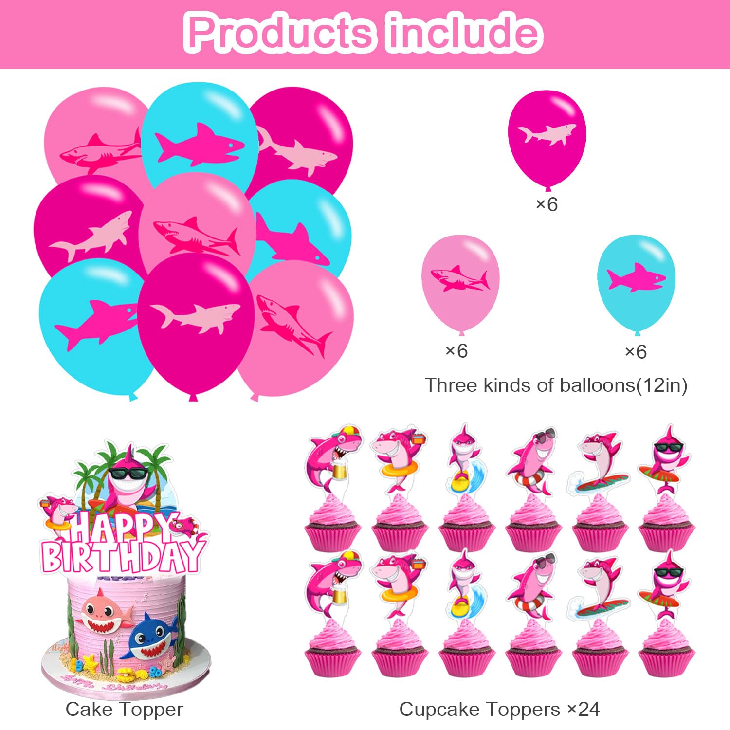 Pink Shark party balloons add bright, playful texture to the party setup
