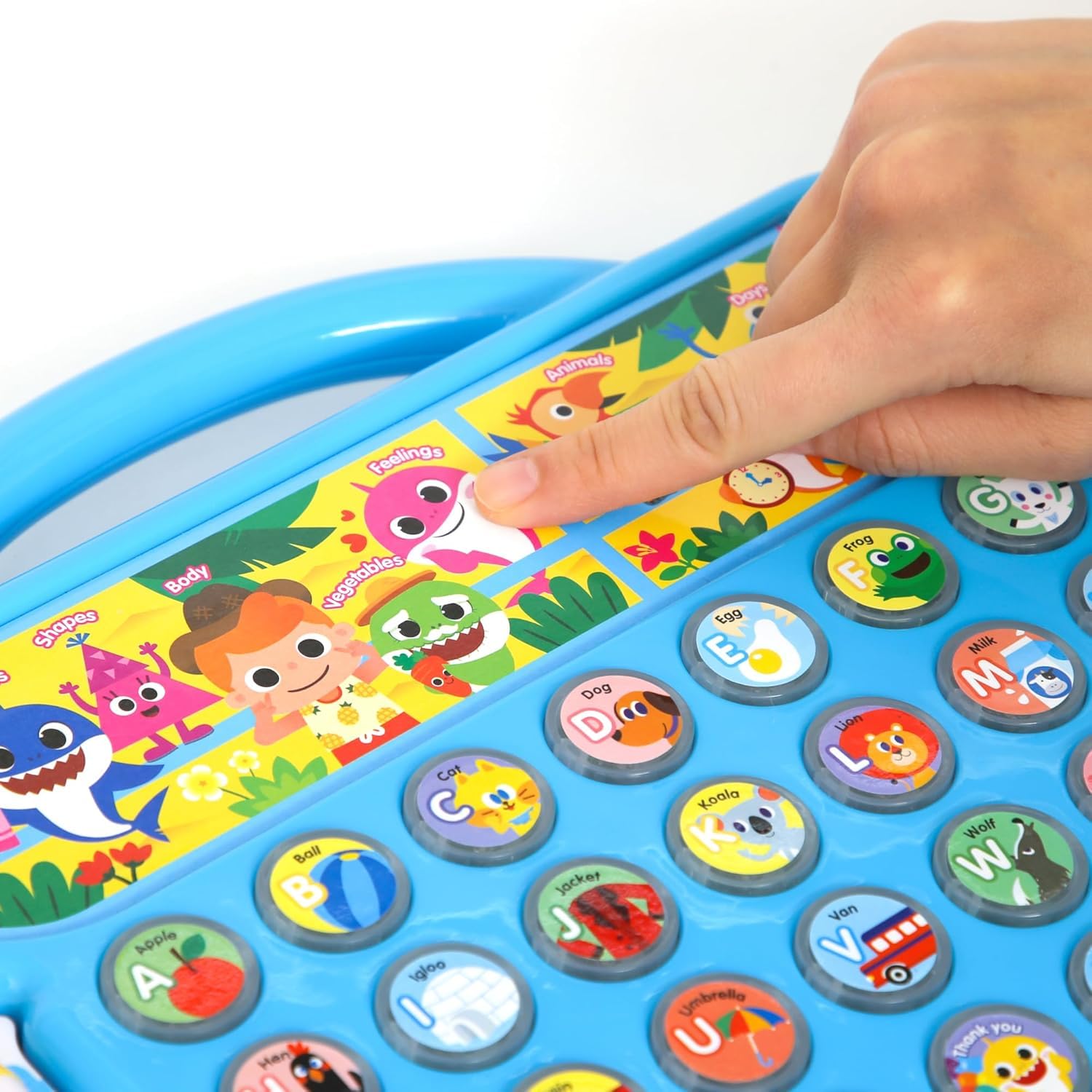 Pinkfong Baby Shark ABC Bus circular buttons enable interactive modes.