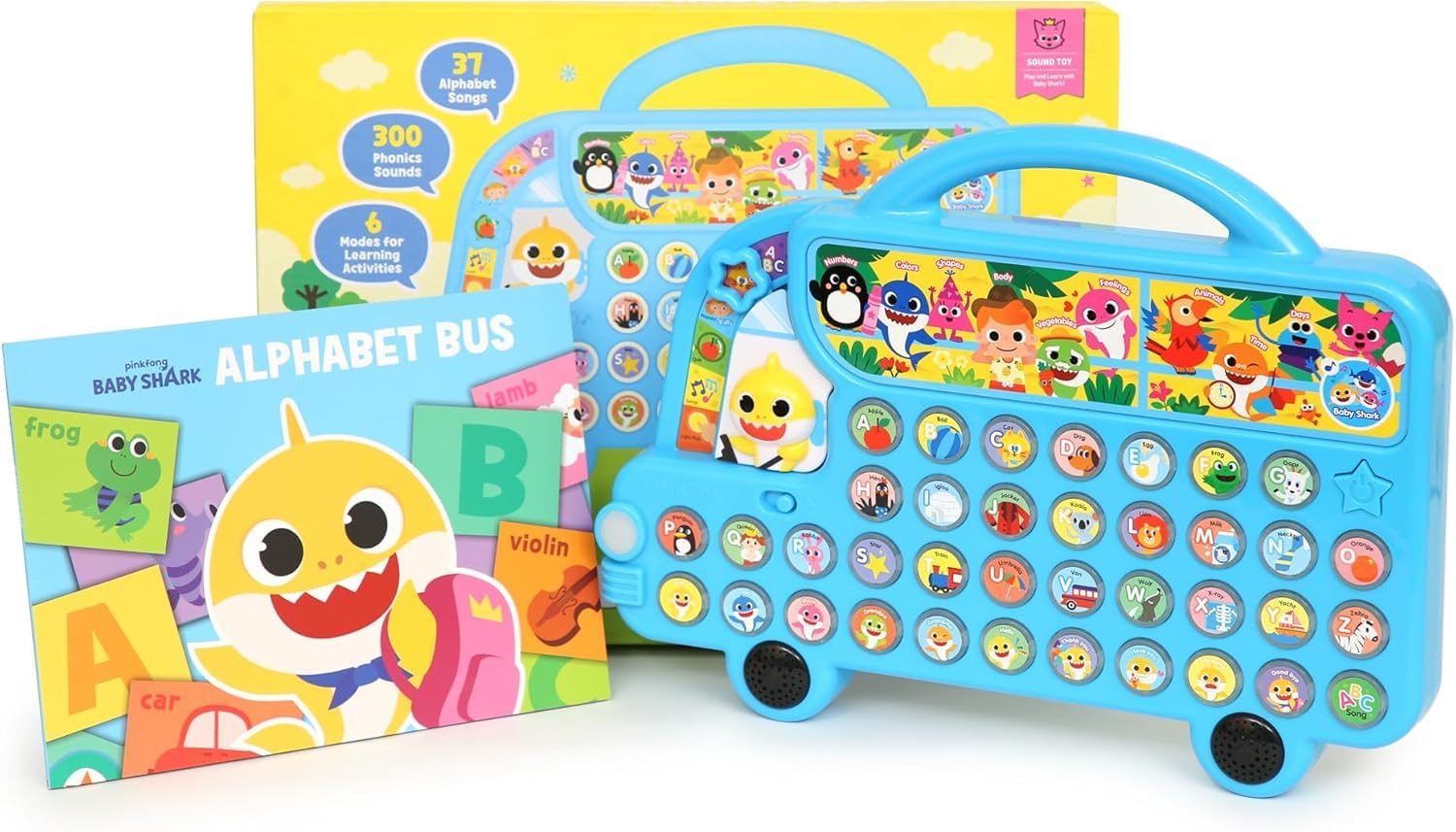 Pinkfong Baby Shark ABC Bus front view with colorful LED lights and friendly driver.