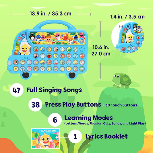 Pinkfong Baby Shark ABC Bus side angle highlighting learning buttons.