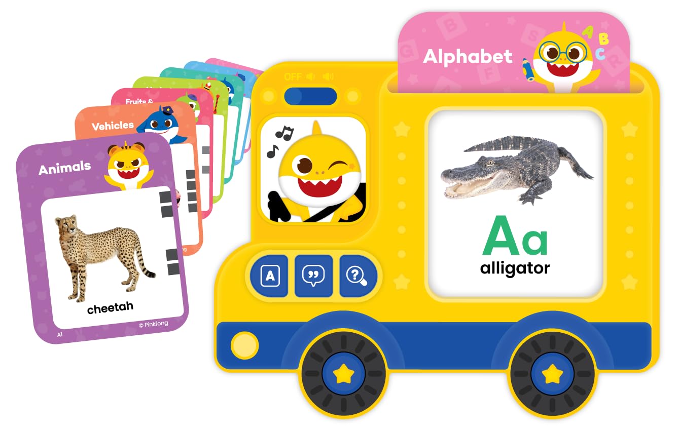 Pinkfong Baby Shark Flash Card Learning Bus front view; engages toddlers with interactive play.
