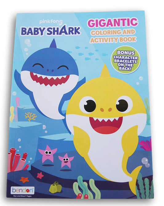 Pinkfong Baby Shark Gigantic Coloring Book cover with vibrant ocean scenes for imaginative play