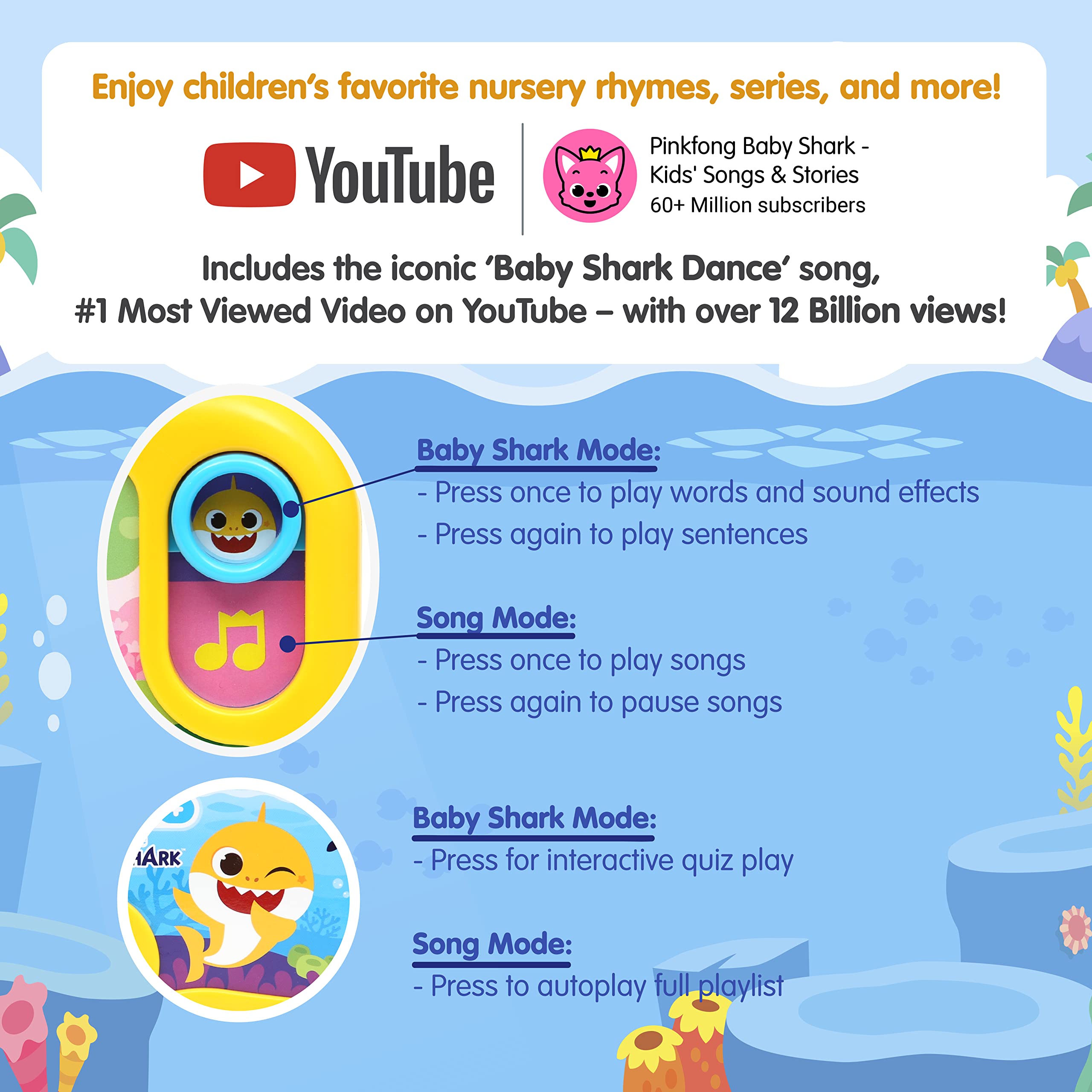 Pinkfong Baby Shark Sing & Learn Pad close-up shows tactile buttons for immersive play.