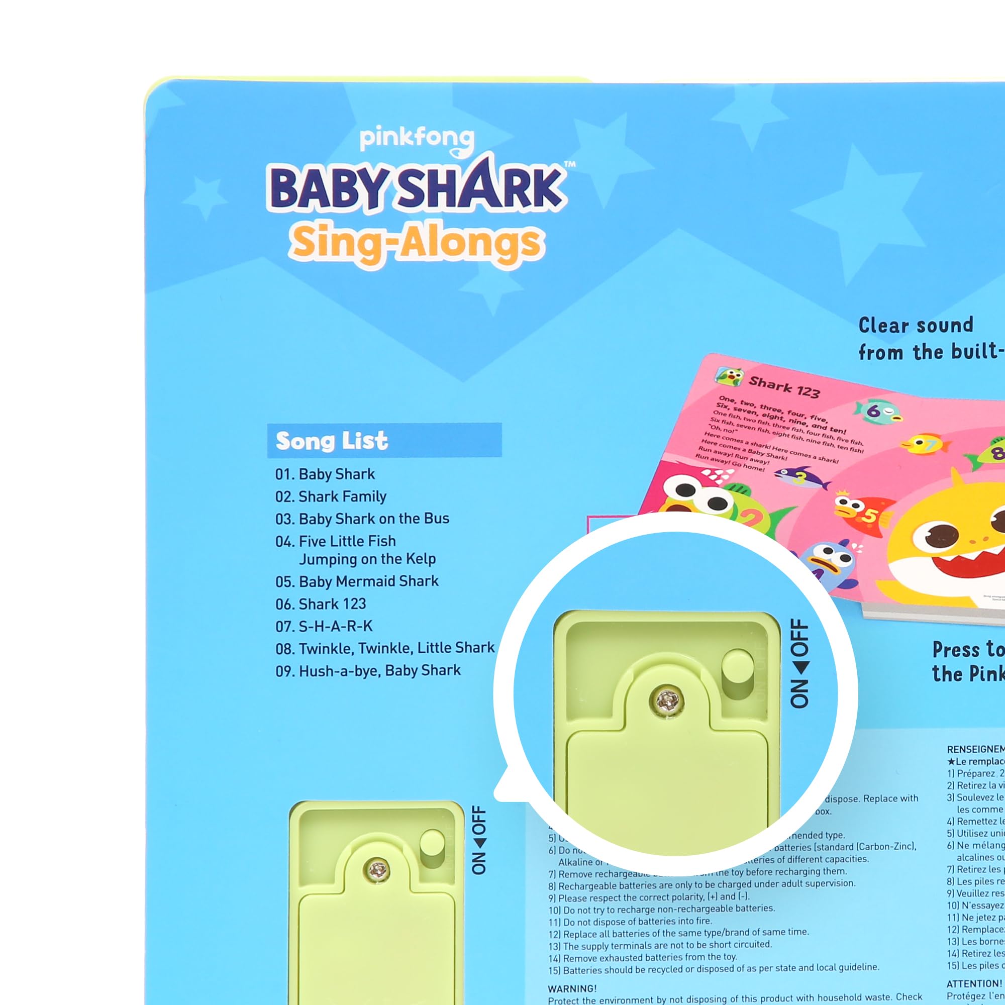 Pinkfong on-off switch saves battery during play