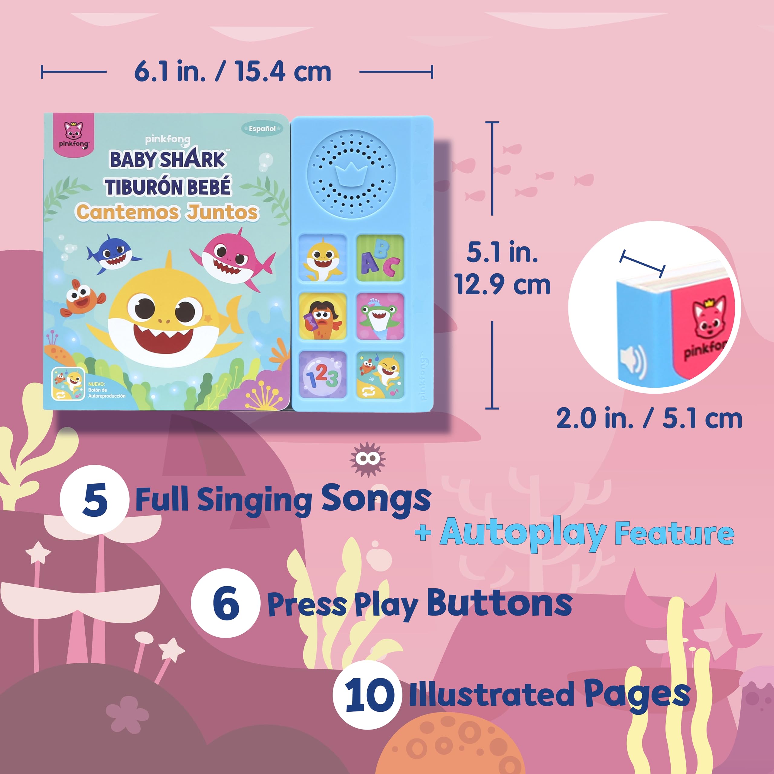 Pinkfong Baby Shark Sound Book buttons invite hands-on interaction for language play.