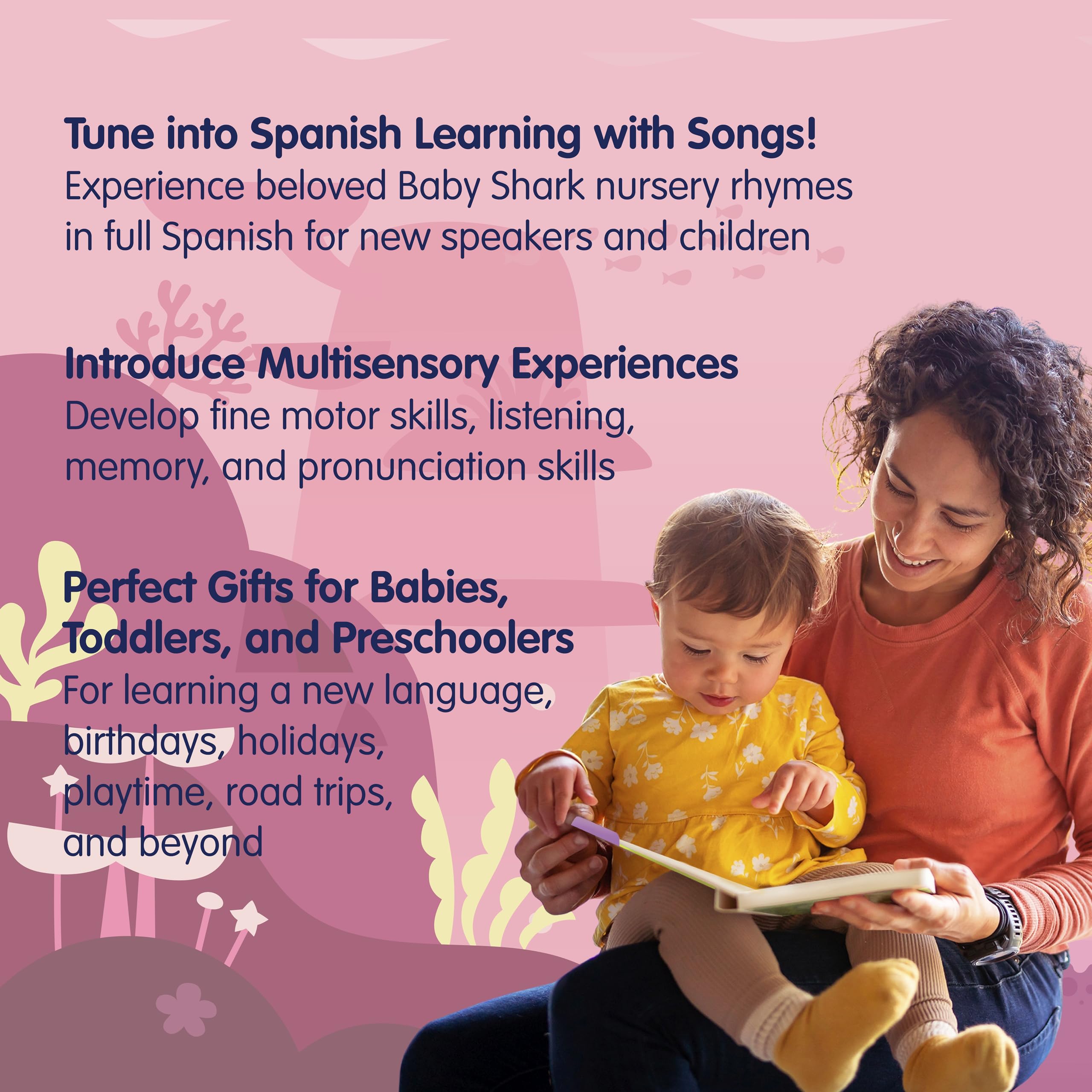 Pinkfong Baby Shark illustrations on pages support visual learning and storytelling.