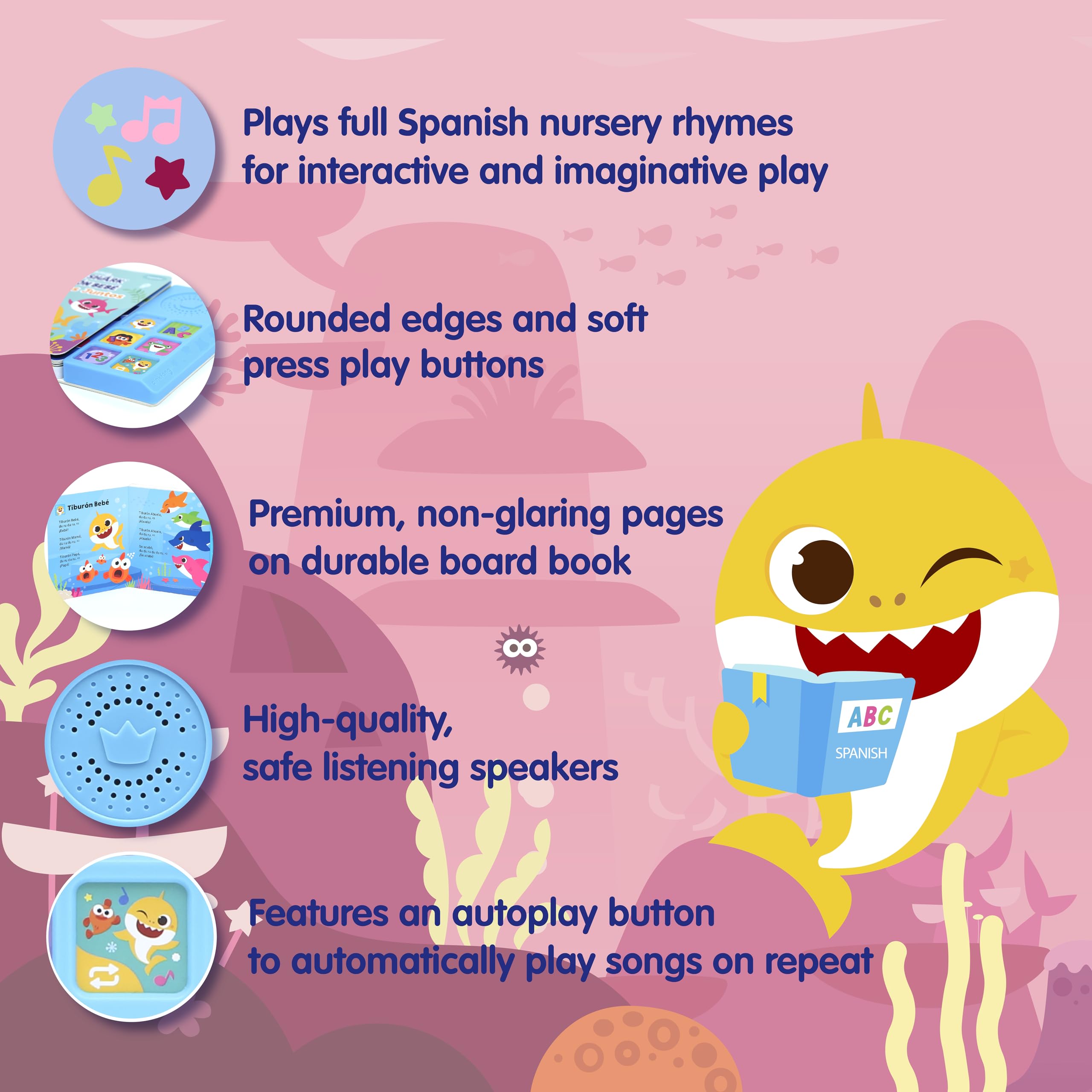 Pinkfong Baby Shark pages showcase colorful illustrations supporting word recognition.