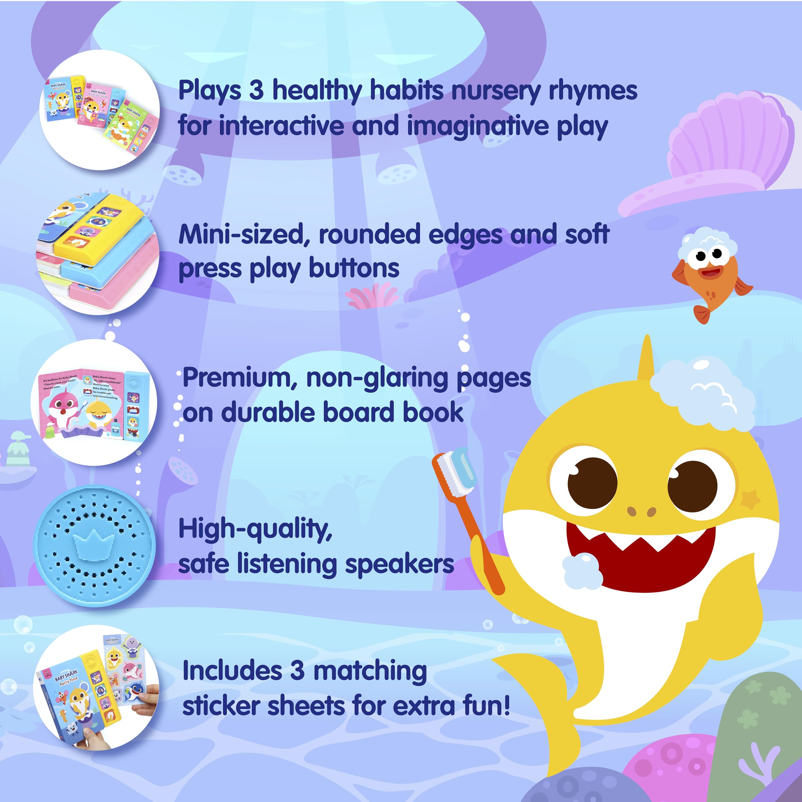 Pinkfong Baby Shark sticker sheets add visuals to boost memory and recognition.