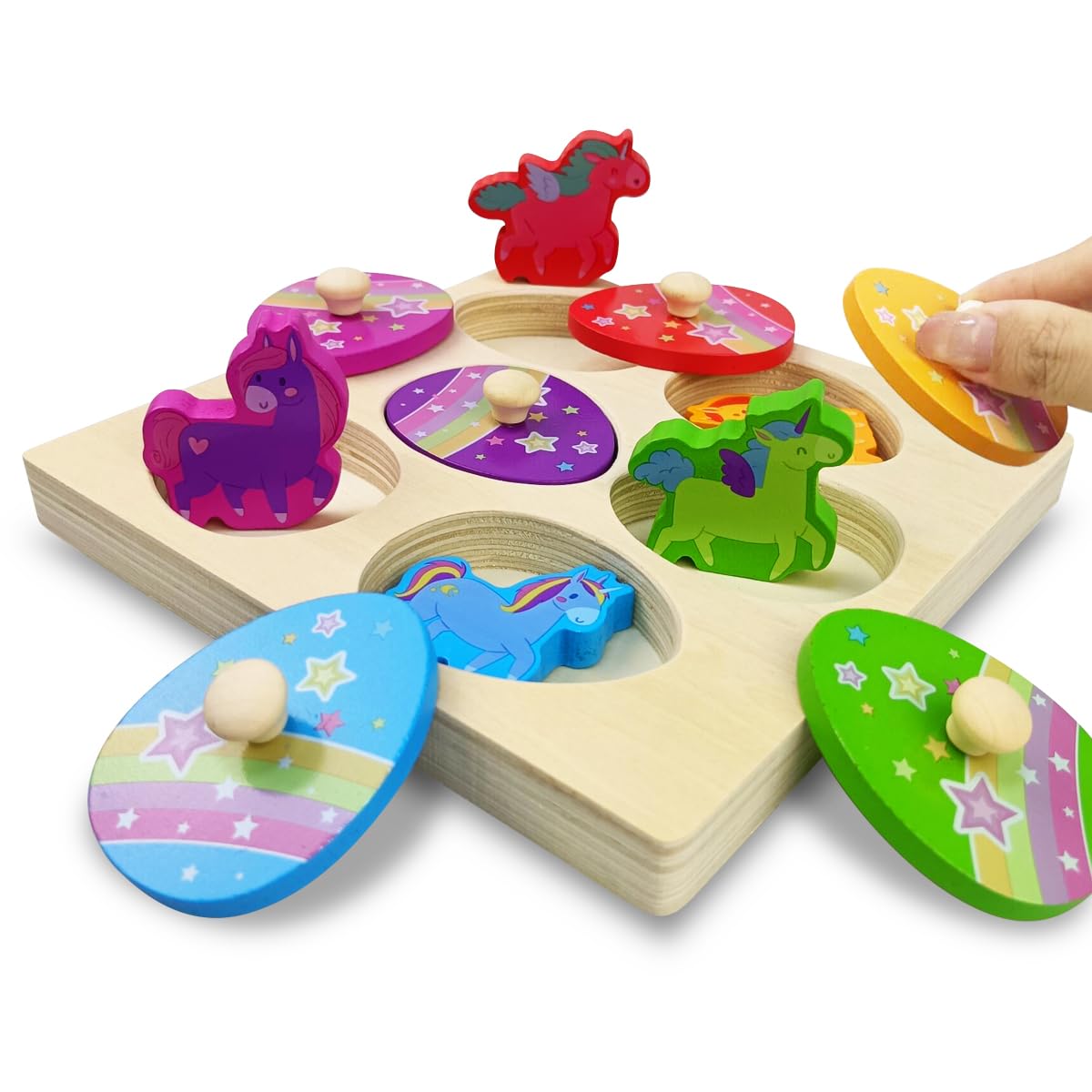Pinkiwine unicorn peg puzzle with rainbow eggs enhances color recognition.