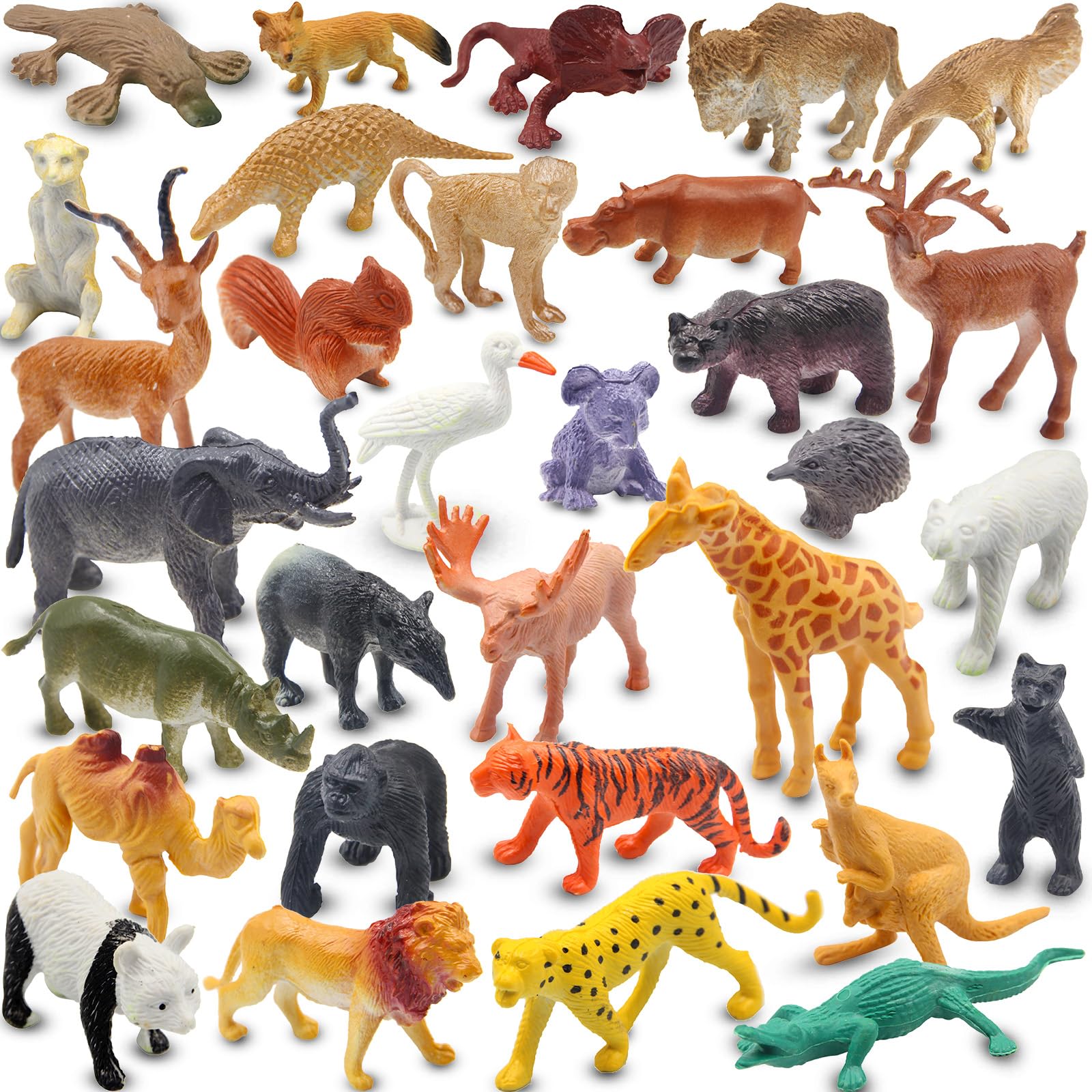 PINOWU realistic mini wild zoo 32-piece set for imaginative play and animal recognition.