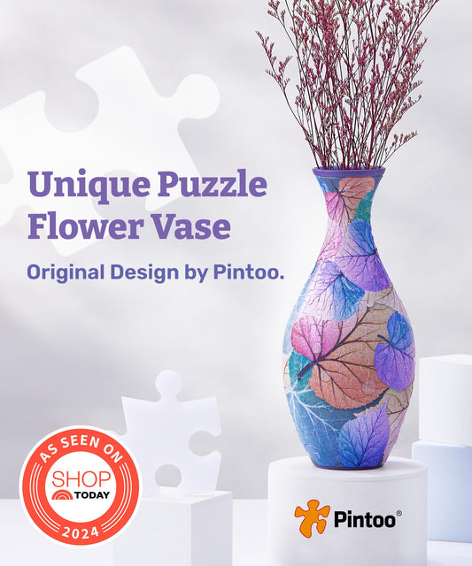 Pintoo 3D puzzle vase assembly pieces showcase a playful display.