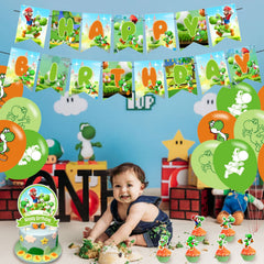 PINUO Yoshi balloon setup helps quick decorating and cohesive color theme.
