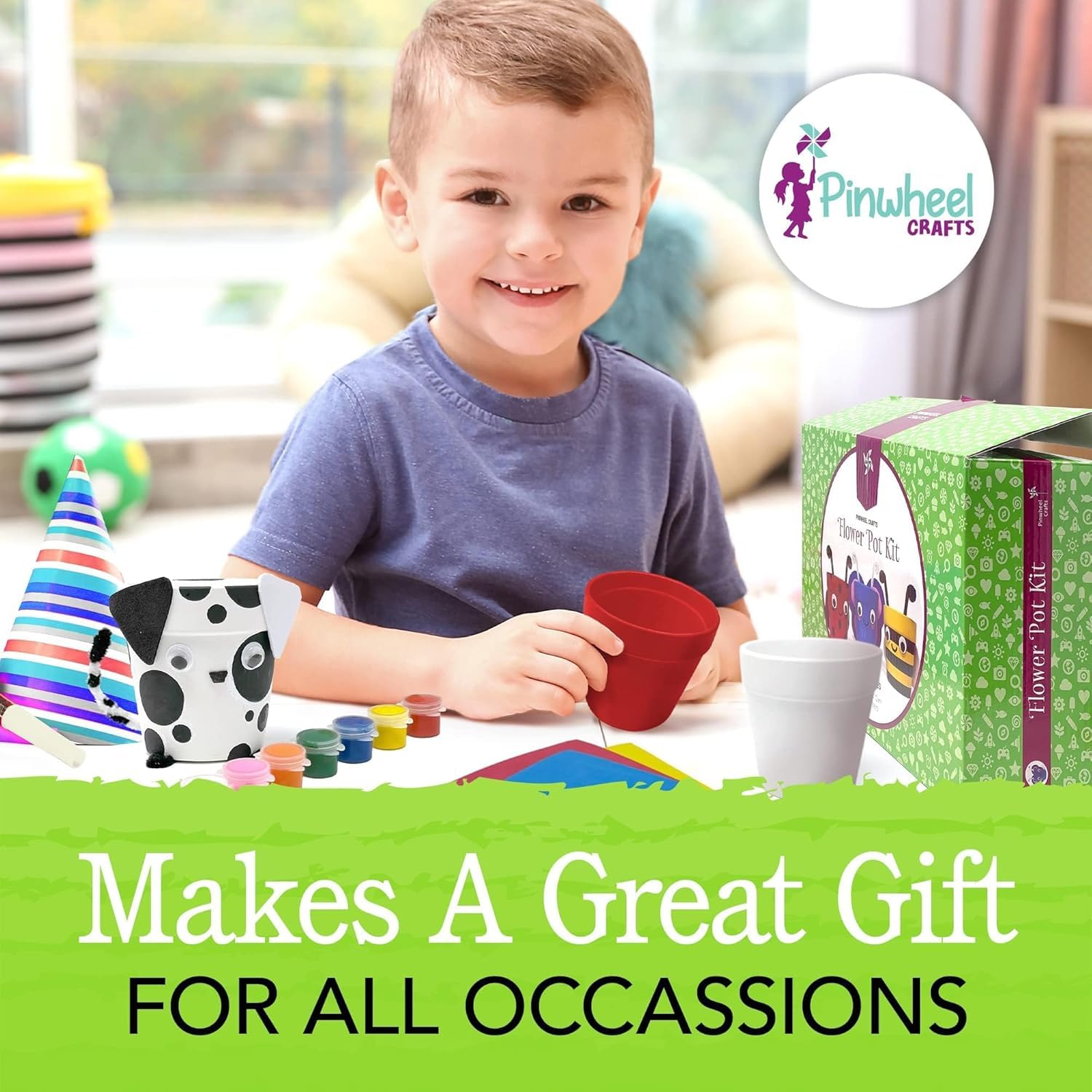 Pinwheel Crafts child painting pot detail with critter designs.
