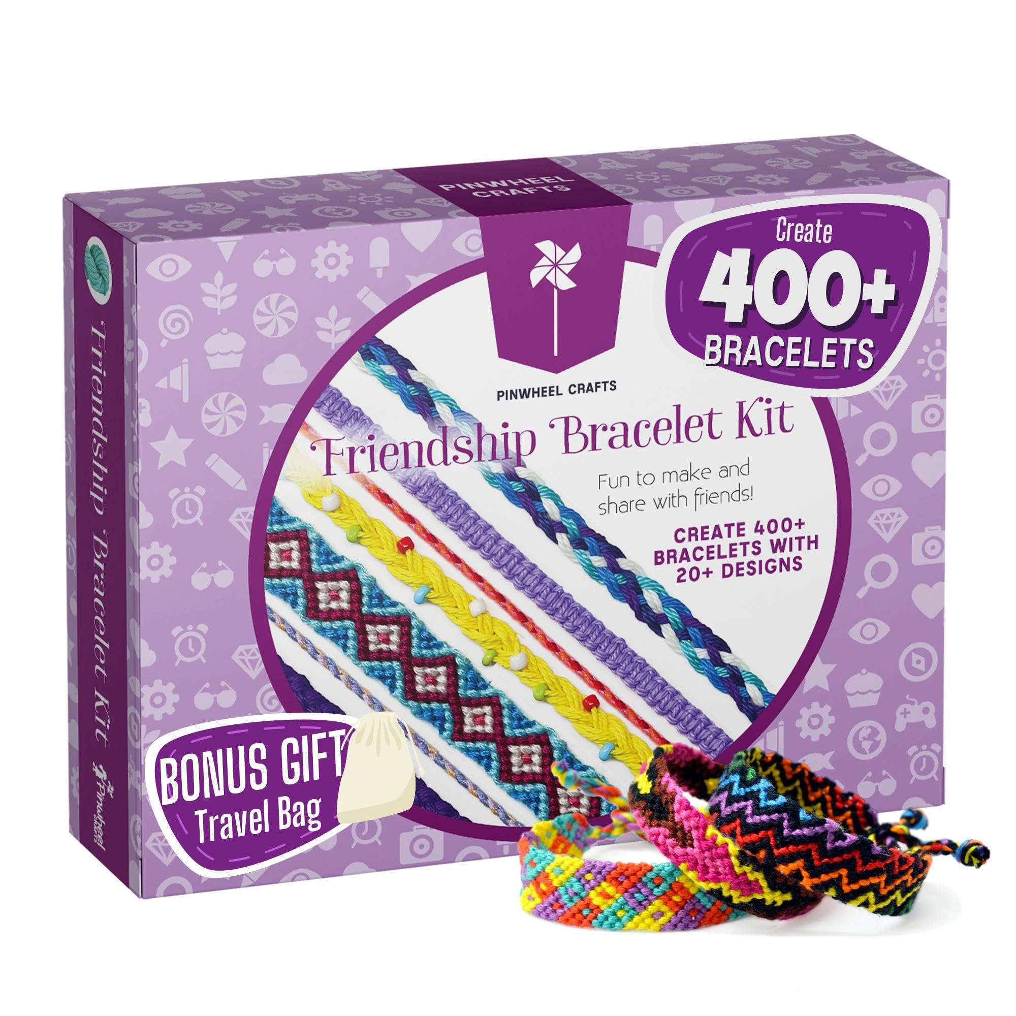 Pinwheel Crafts friendship bracelet kit in a compact design for on-the-go creativity