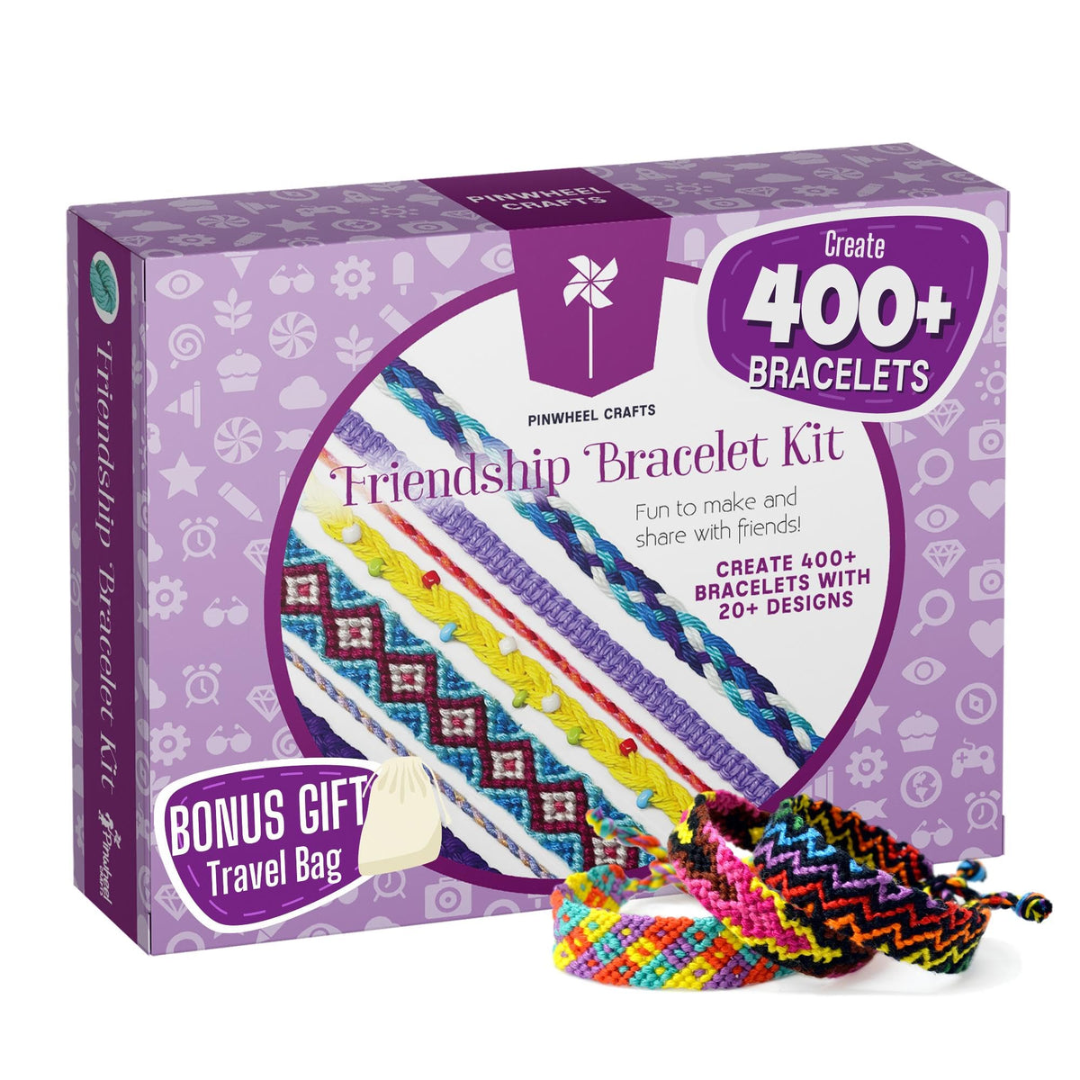 Pinwheel Crafts friendship bracelet kit in a compact design for on-the-go creativity