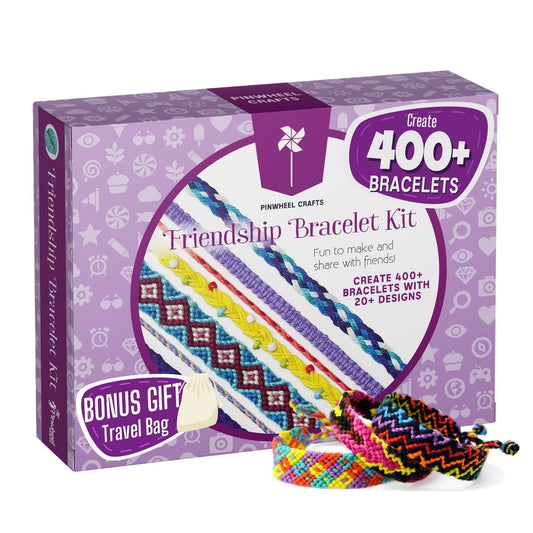 Pinwheel Crafts friendship bracelet kit in a compact design for on-the-go creativity