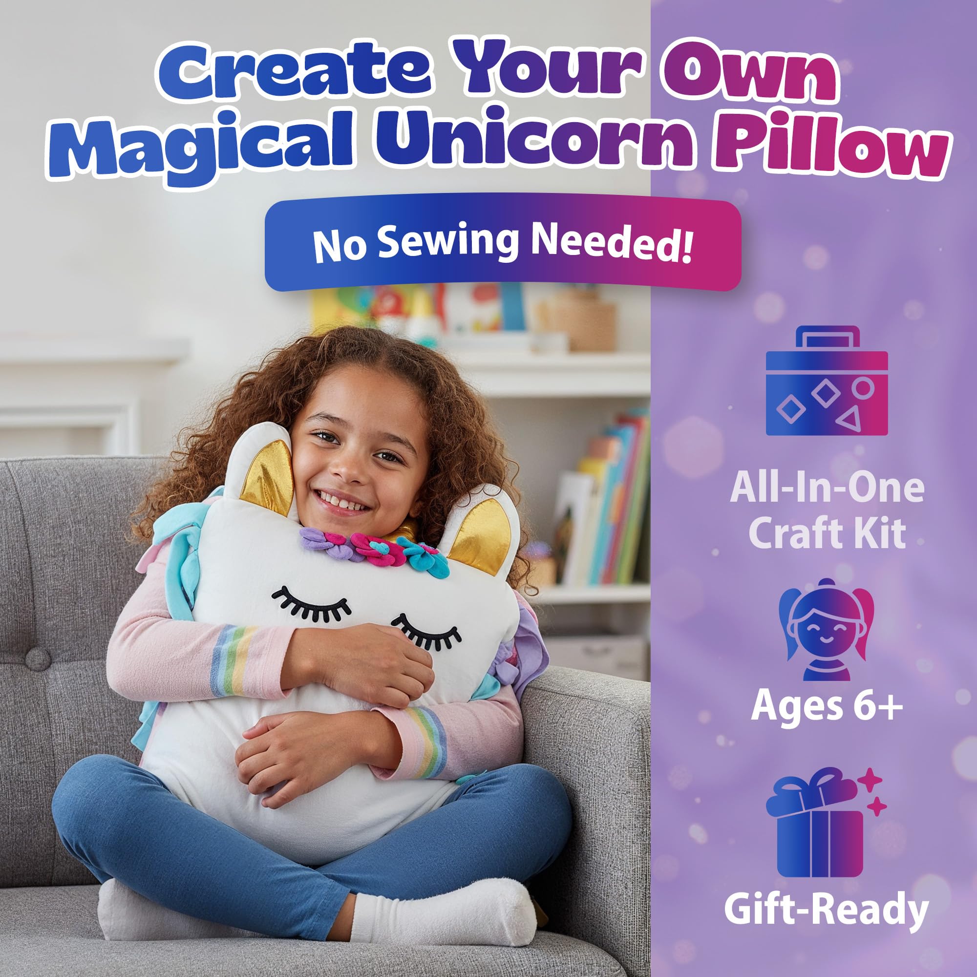 Pinwheel Crafts unicorn pillow kit in progress for kid-friendly, knot-and-stick assembly.