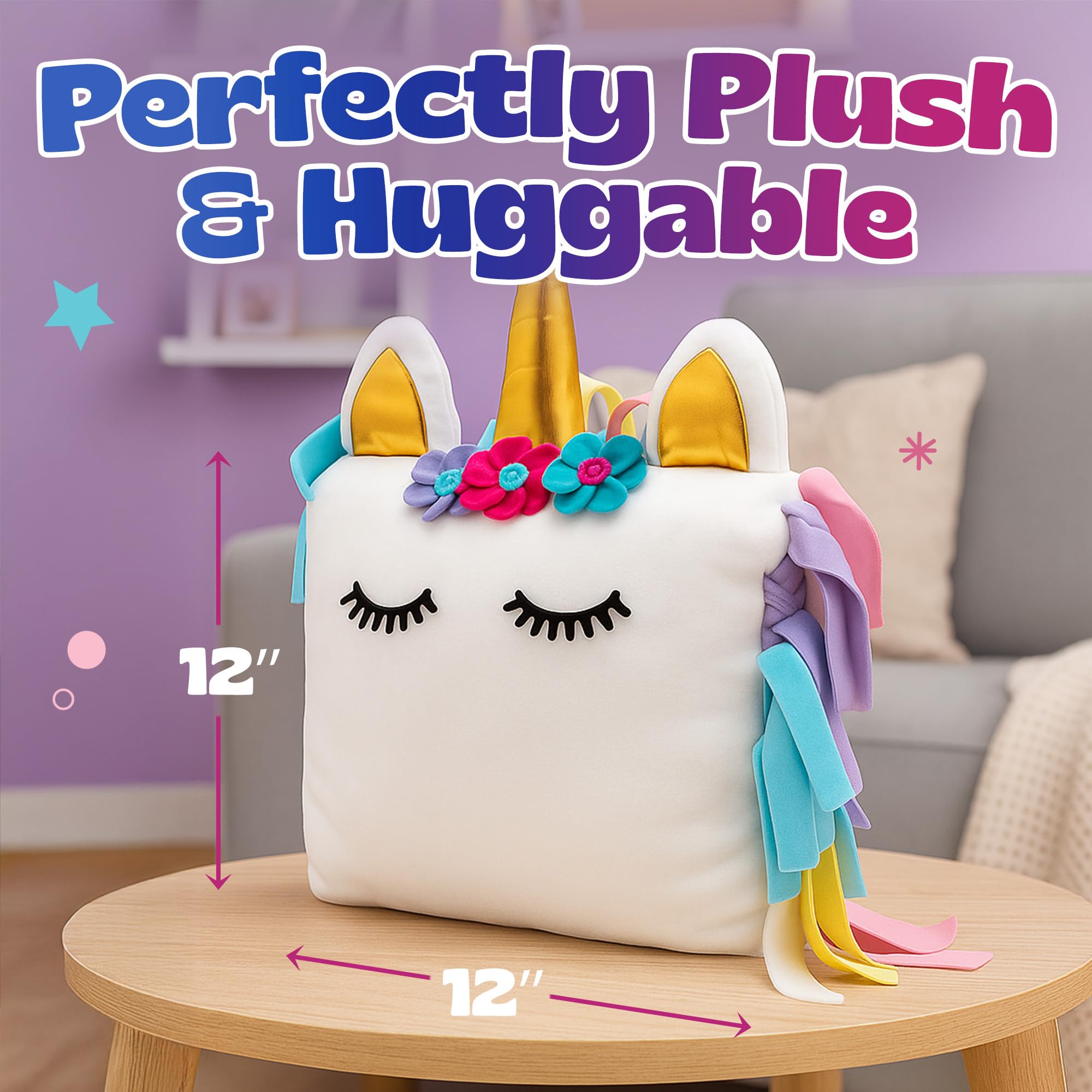Pinwheel Crafts stuffing included for plush unicorn pillow and soft cuddling.