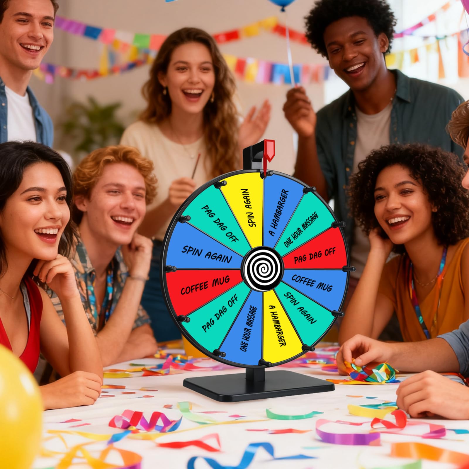 Pionites 12-inch prize wheel draws attention and participation.