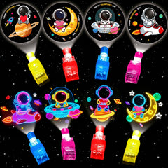 PIONJOY 28-pack space LED finger lights with valentines cards, ideal for classroom exchanges.