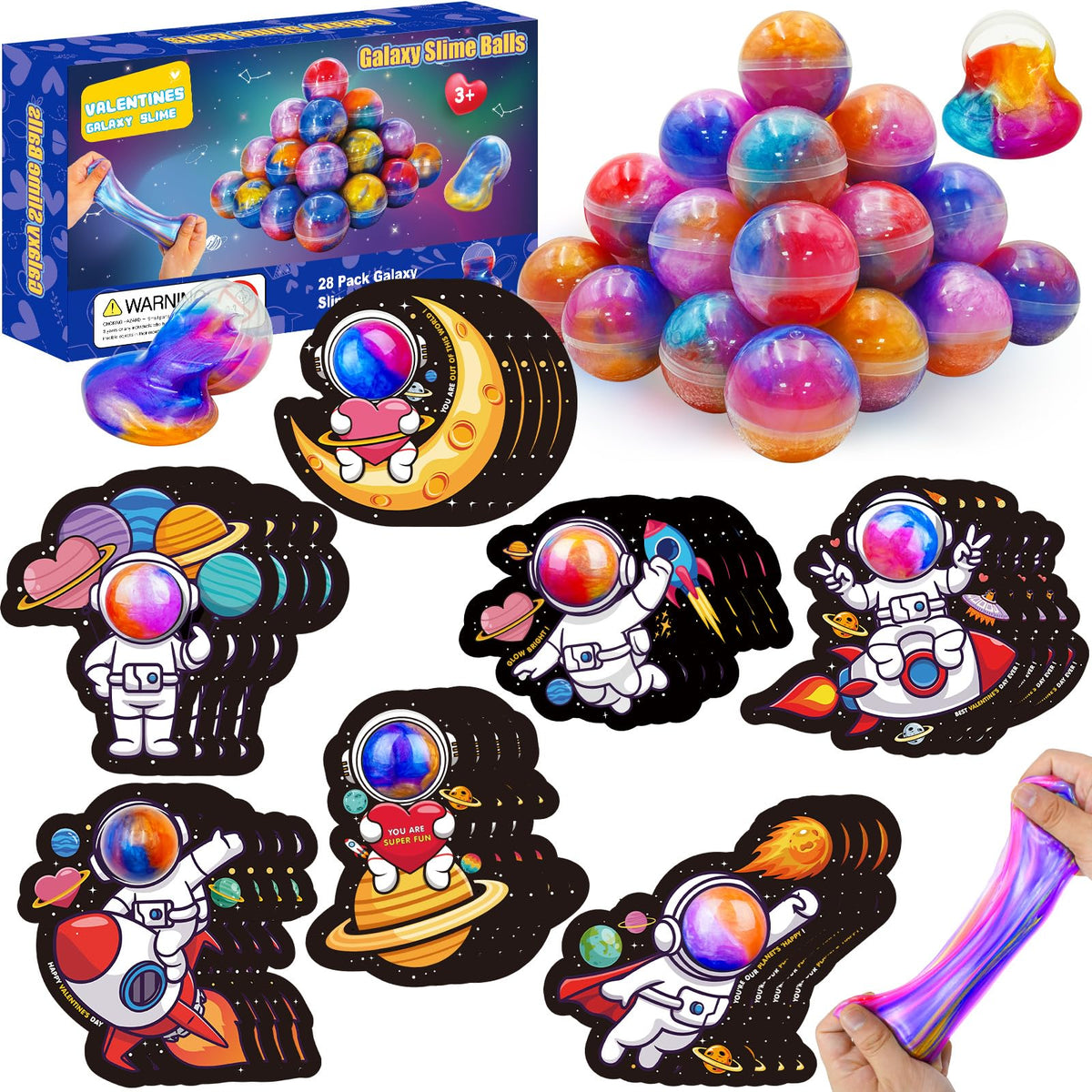 PIONJOY 28-pack Valentines Galaxy Slime kit with cards for kids.