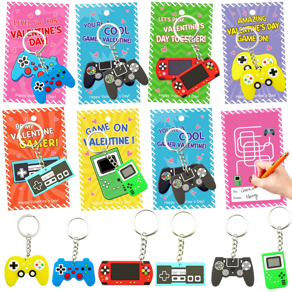 PIONJOY 28-pack valentines game keychains with cards shown for classroom exchanges and sharing