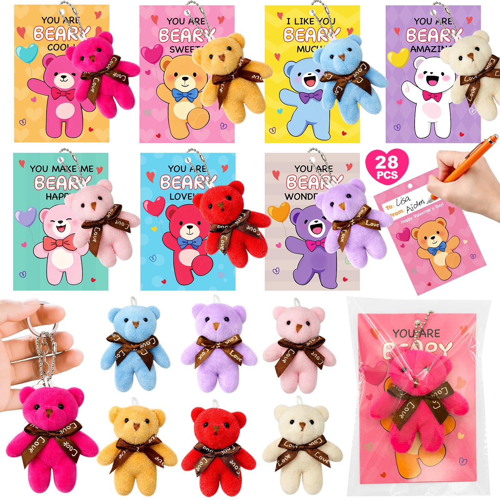 PIONJOY 28-pack mini bear plush keychains for backpacks; durable, colorful backpack charms