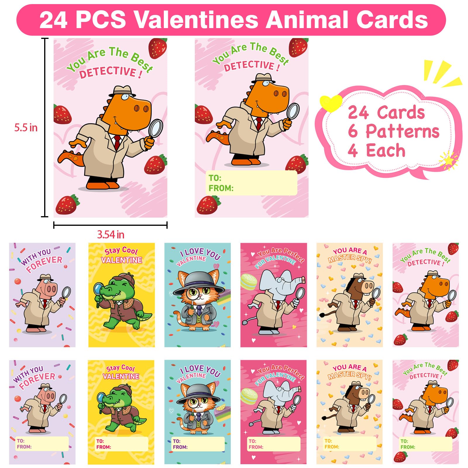 PIONJOY animal detective valentines cards pack for kid-friendly exchanges