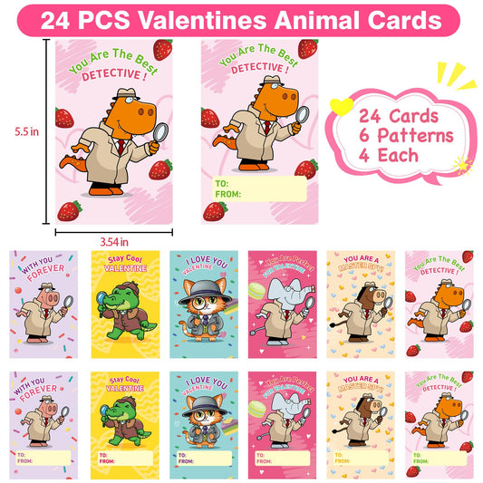 PIONJOY animal detective valentines cards pack for kid-friendly exchanges