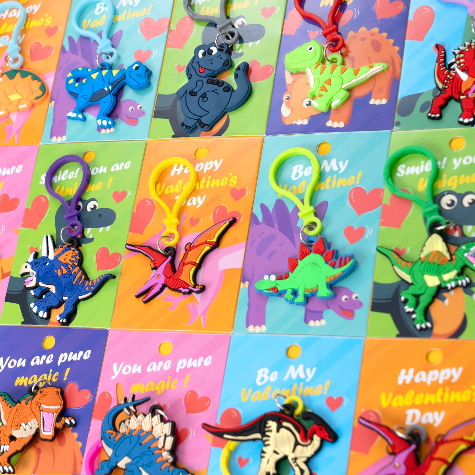 PIONJOY dinosaur keychain attached to backpacks adds a fun, reusable accessory.