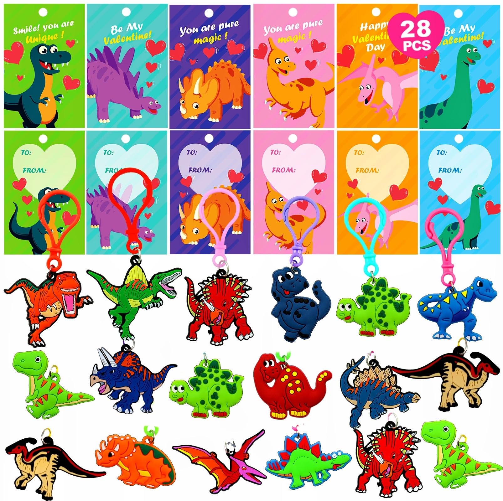 PIONJOY valentines dinosaur keychain set with seven designs for classroom exchanges.