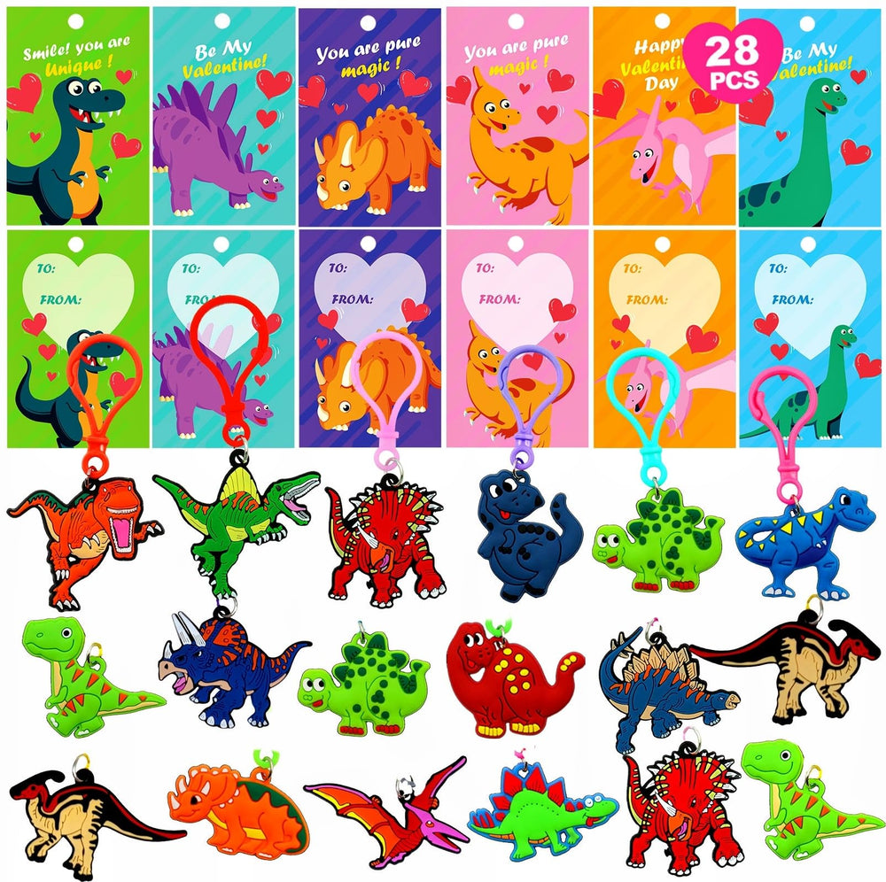 PIONJOY valentines dinosaur keychain set with seven designs for classroom exchanges.