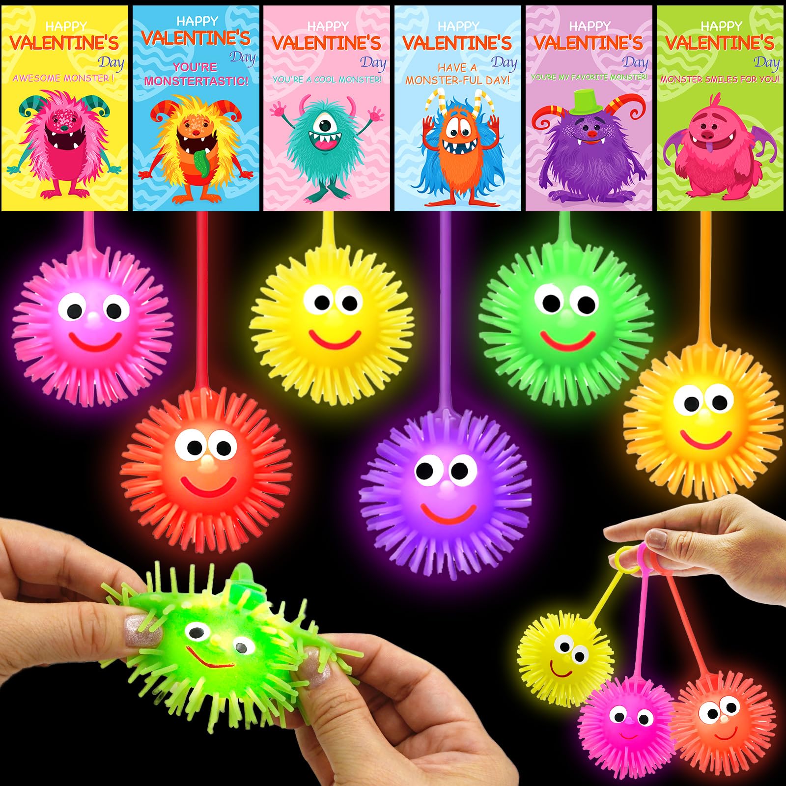 PIONJOY valentines LED puffy ball 24-pack in six colors for classroom exchanges.