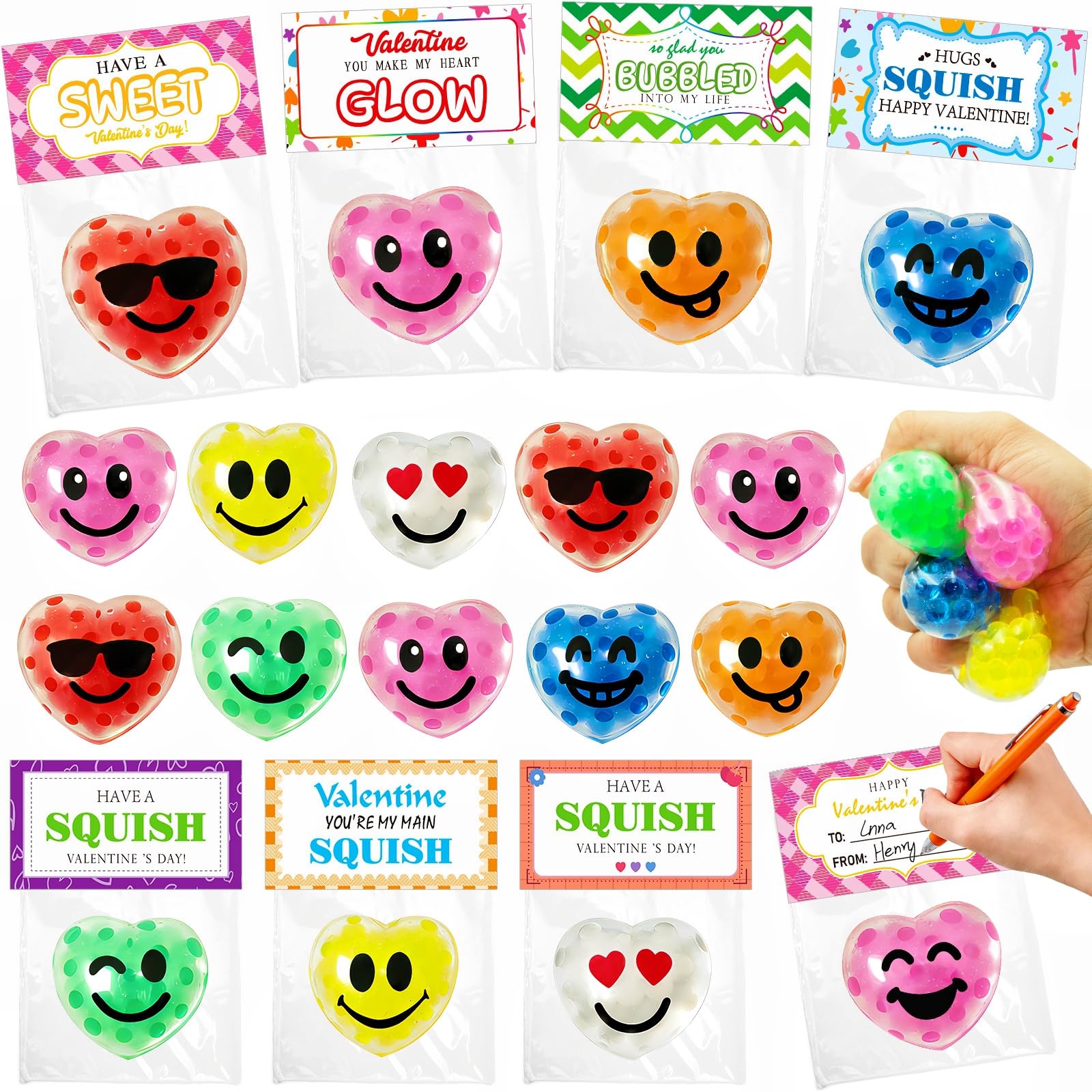 PIONJOY valentines stress balls 28-pack, ideal for classroom gift exchanges.
