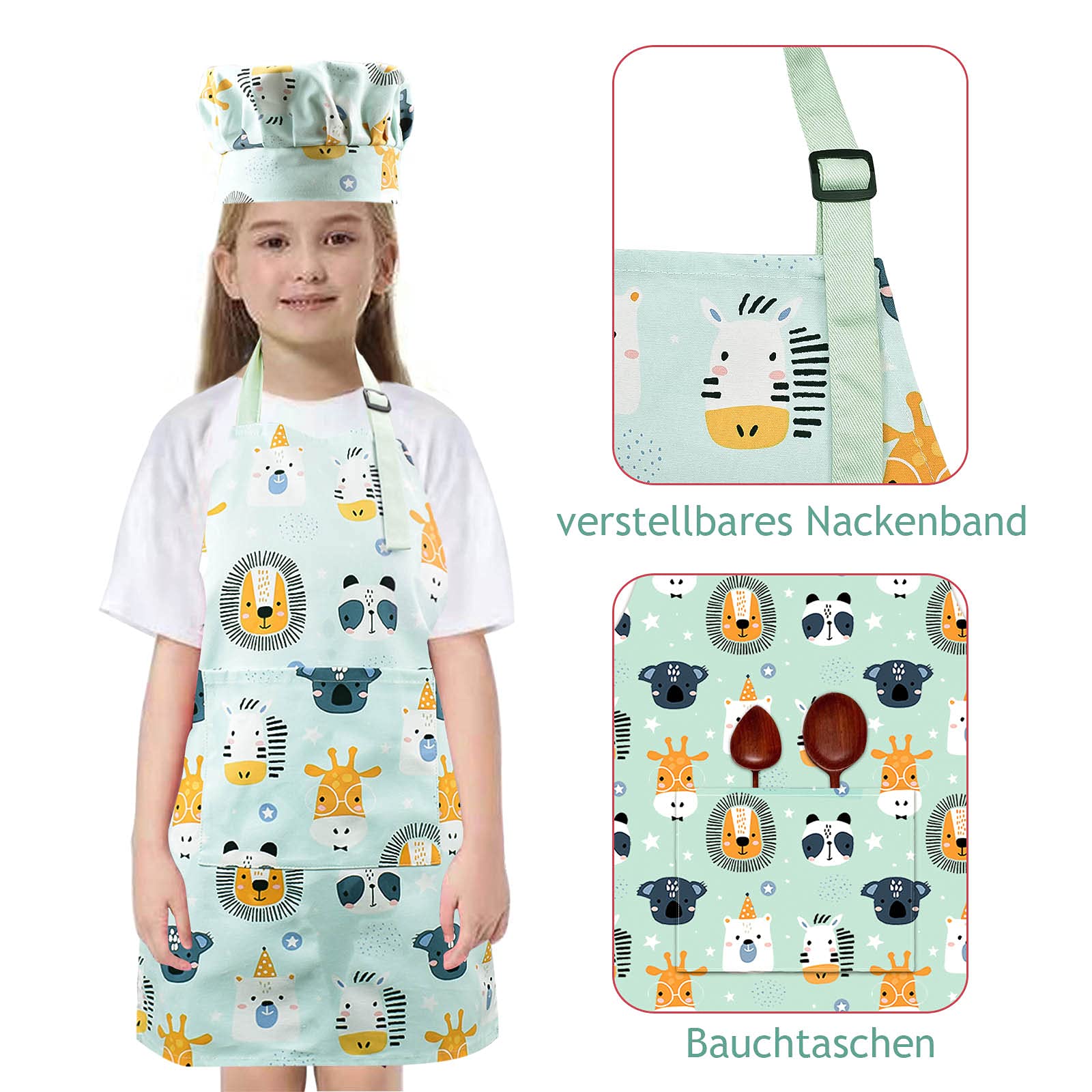 Pipoobear apron front pocket keeps utensils within reach.