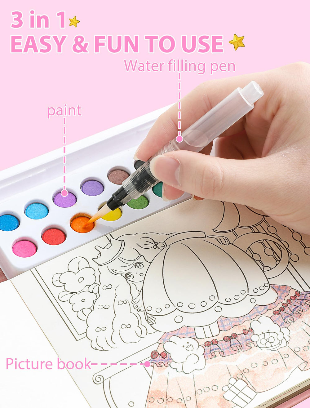 PIRIE Princess Paint with Water brushes in hand ready for colorful creativity.
