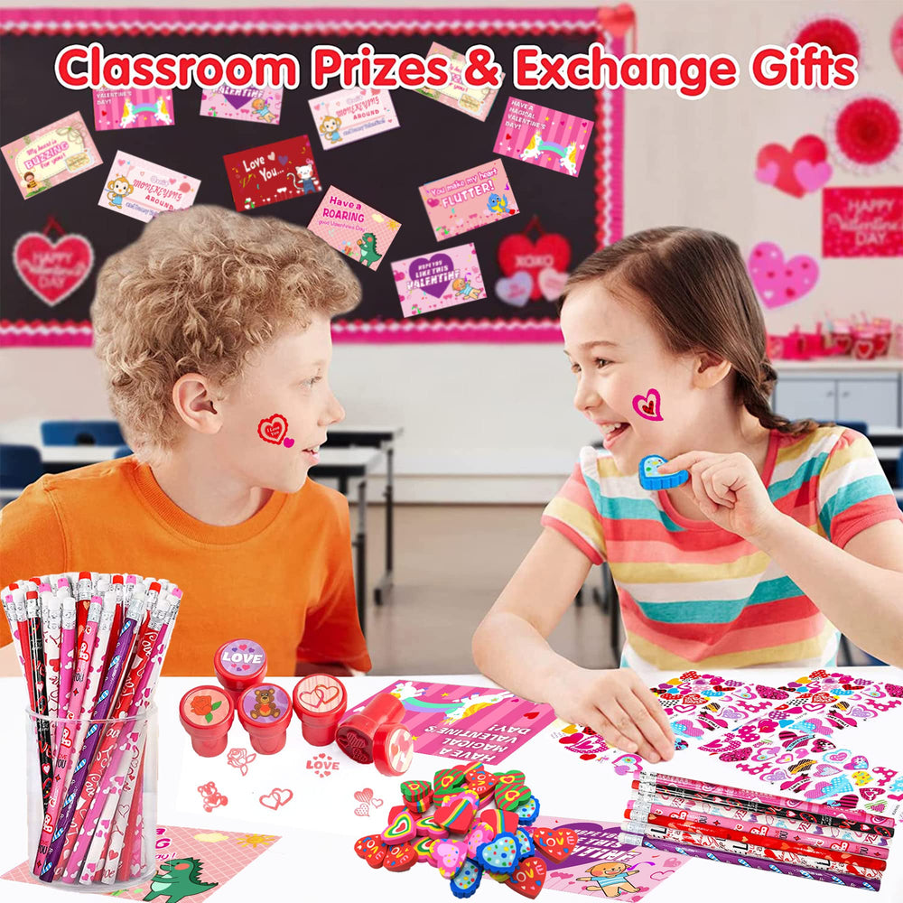 Piroo Valentines pencils add colorful writing prompts for sharing.