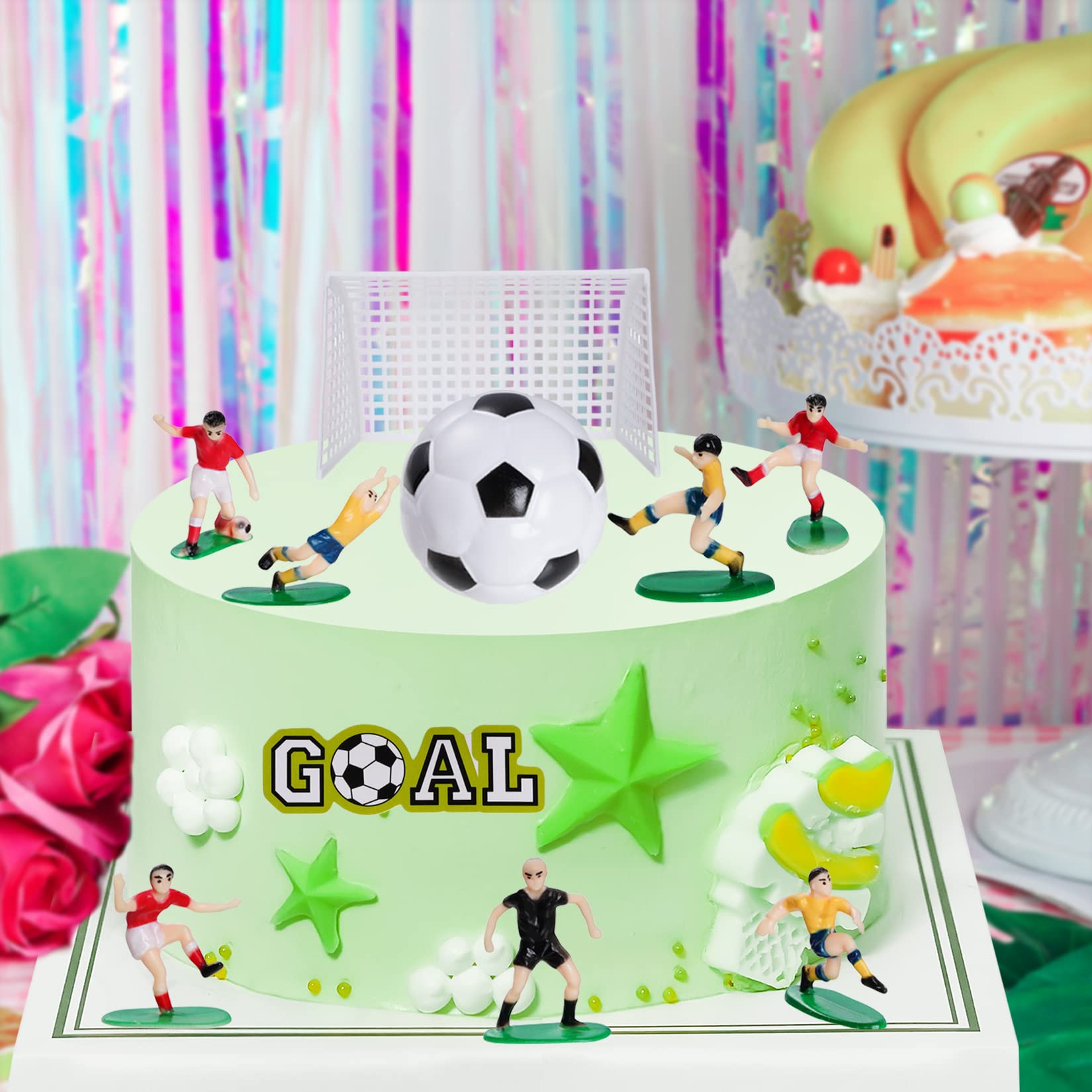 Pistha soccer party decor set provides coordinated toppers for a memorable display.
