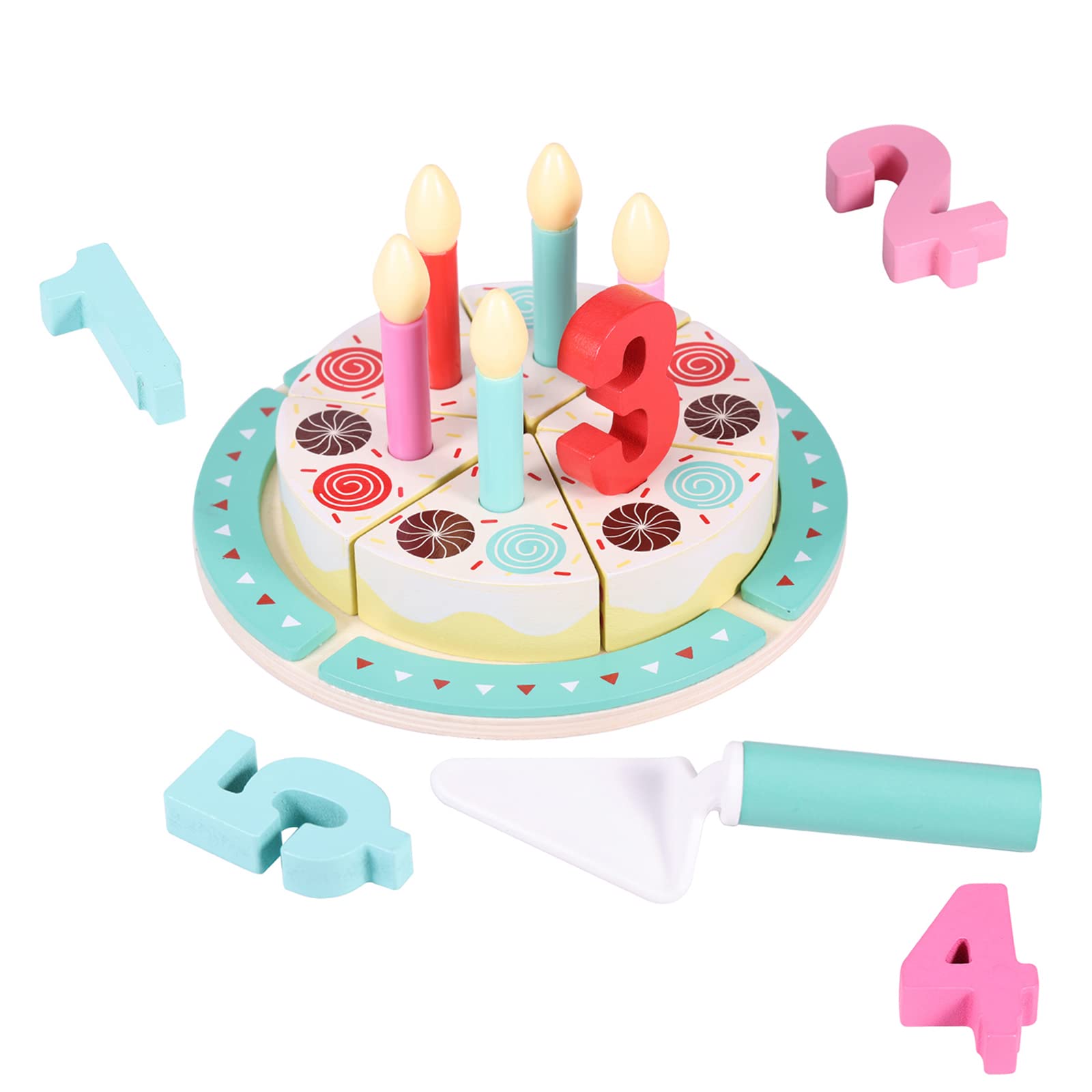 Pithfor Birthday Cake Cutting Set in wood, durable for pretend parties and creative play.
