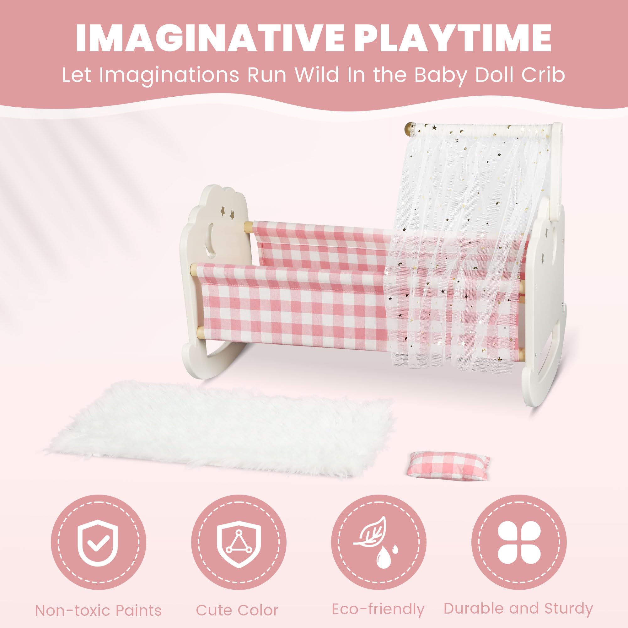 Pithfor doll cradle closeup shows smooth rocking motion for playtime.