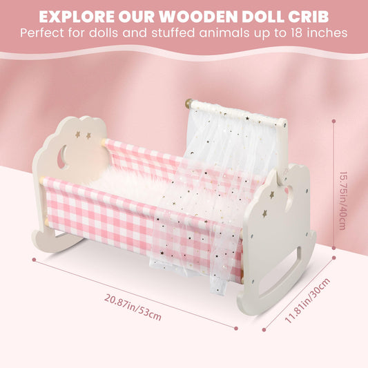 Pithfor doll crib canopy close-up, adding a soft, cozy touch for daytime pretend play.