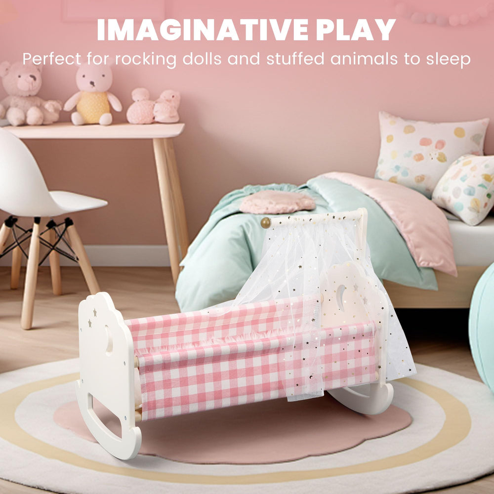 Pithfor rocking cradle demonstrates gentle motion for soothing, nurturing role-play.